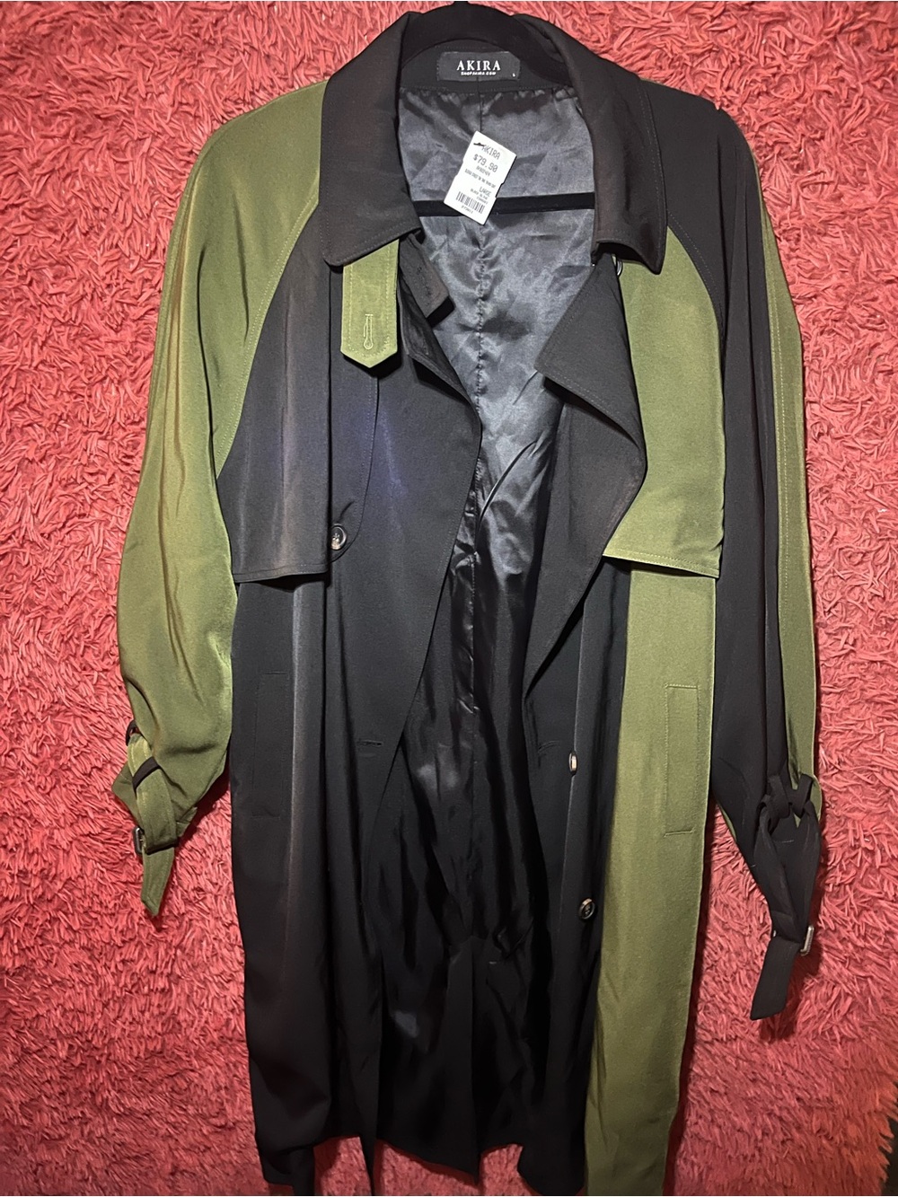 AKIRA Olive Green & Black Contrast Trench Coat Large NWT
